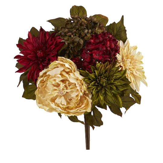 16" Cream Peony, Red Hydrangea & Green Dahlia Bush, 2ct.